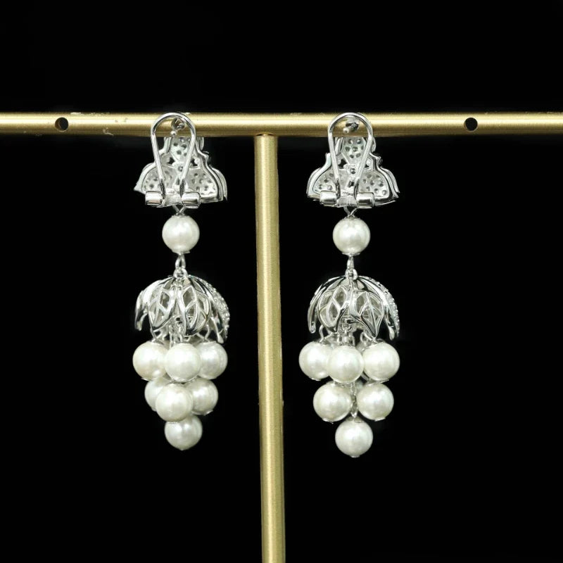 Boutique Design Jewelry 925 Silver Gold-Plated Synthetic Zircon White Round Pearl Tassel Earrings
