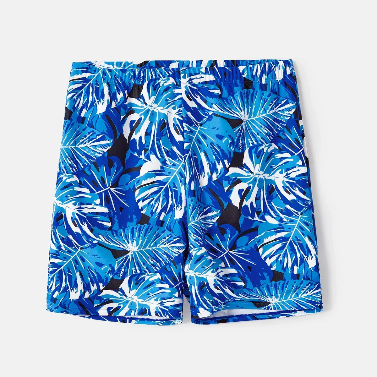 Family Matching Swimsuits Plant Print Swim Trunks and Blue Ruffle Trim Spliced One-piece Swimsuit