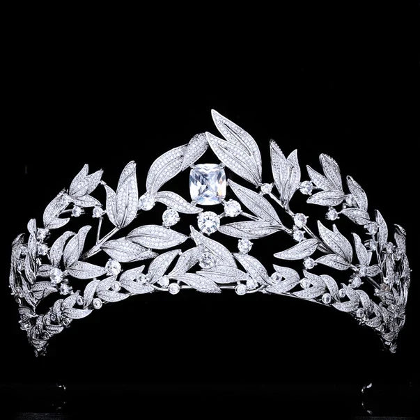 Cubic Zirconia Leaf Tiara  -  Bridal Crown Headband for Brides, Princess or Queen Style Wedding Hair Accessories