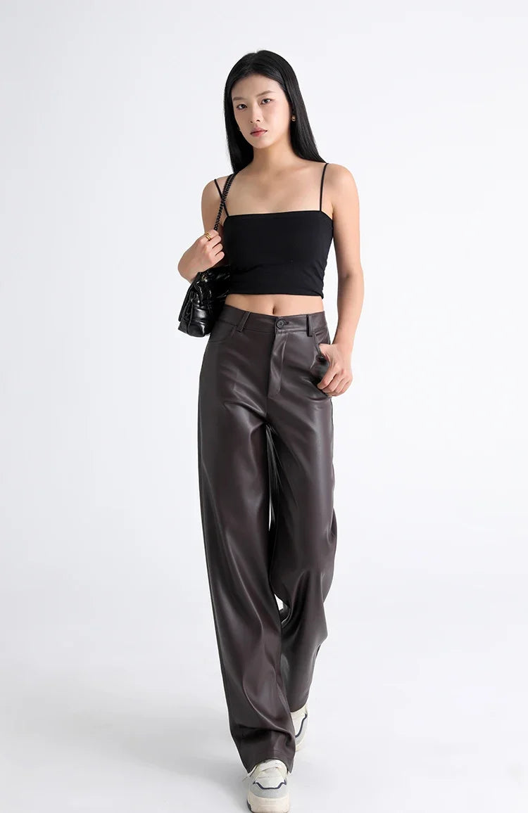 Fall Winter Fleece Loose Wide Leg Warm Leather Pants Women Button Pocket High Waist Thick PU Casual Straight Pants