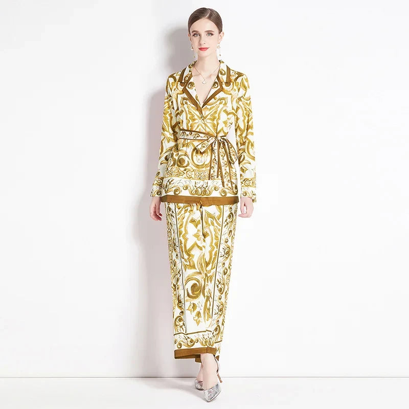 2025 Spring Yellow Floral Print Two-Piece Set – Long Sleeve Shirt with Waist-Cinching Slim Pants