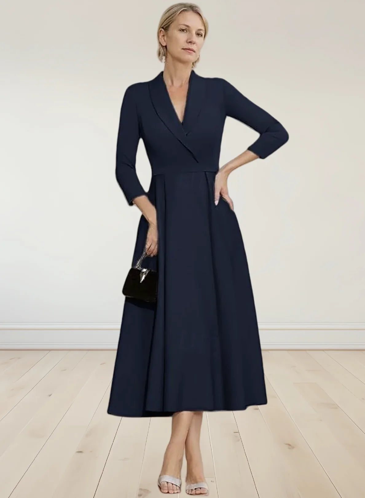 Elegant A-Line Satin Mother of the Bride Dress – Tea Length with 3/4 Sleeves | 2025 Wedding Guest Look