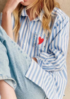 Early Spring Women's Striped Letters Love Lapel Buttoned Long Sleeve Top Shirt