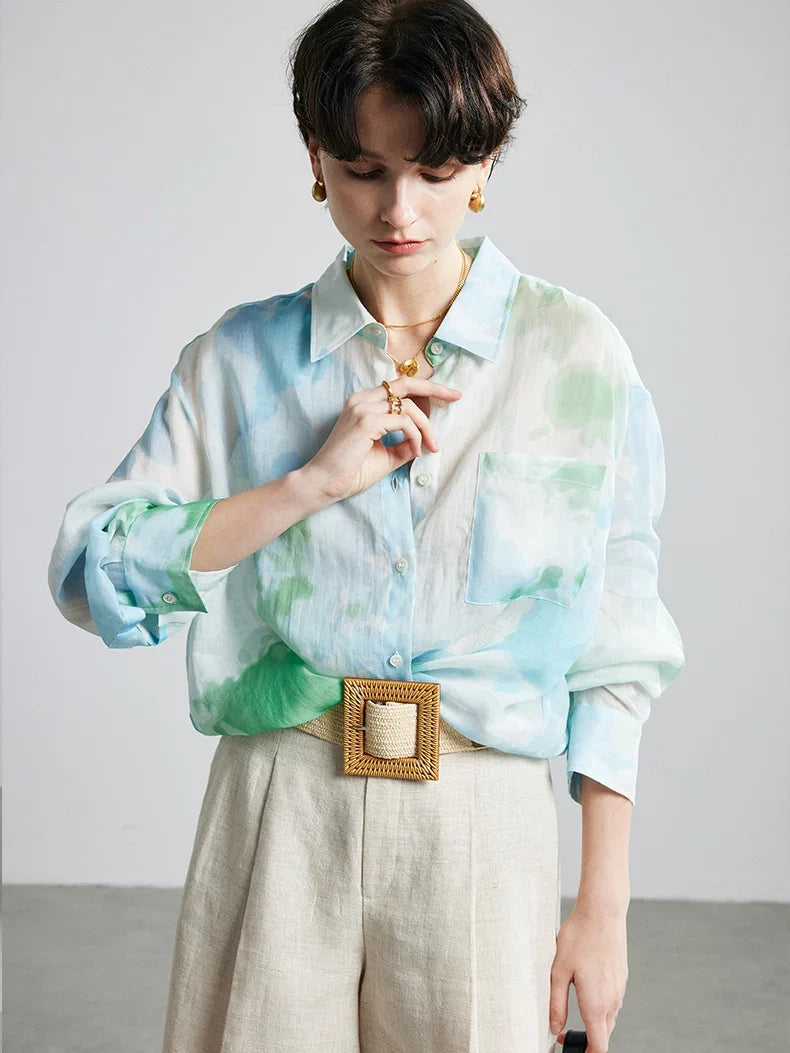 100% Ramie Floral Blouse  -  Women's Printed Shirt with Turn-Down Collar