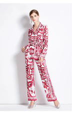 Gizelle High Street Runway Floral Print Notched Collar Blouse & Wide Leg Pants Fashion 2 Pieces Sets Women Chic Designer Outfits