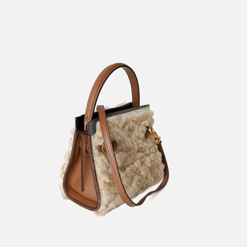 2025 Winter Fashion Women's Handbag — Fluffy Wool Fur Lambswool Tote with Real Leather Flap, Small Shoulder Bag in Khaki