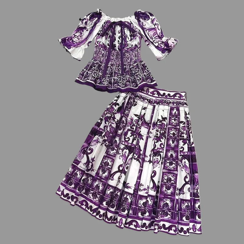 Elegant Women's Silk Top & Printed Cotton Skirt Set – 2-Piece Turn-Down Collar Outfit