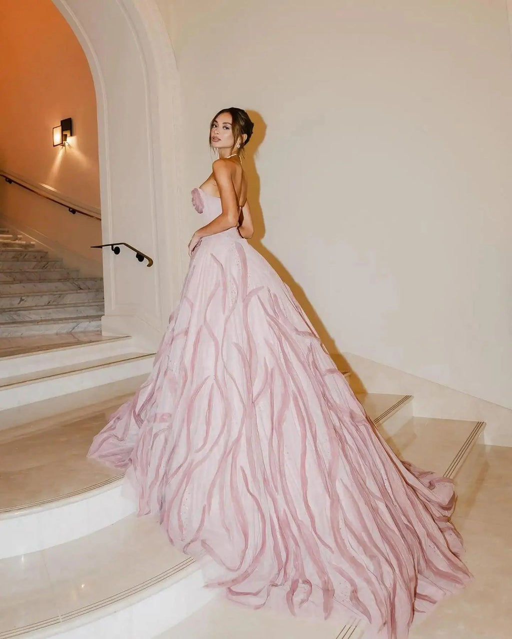 Dusty Rose Couture Evening Gown – Handmade Flowers, Puffy Tutu Tulle, Bridal Dress