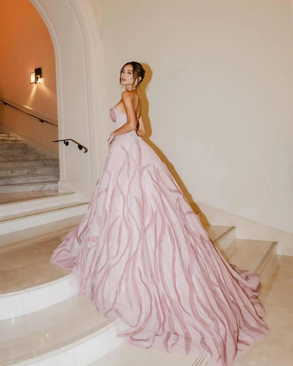 Dusty Rose Couture Evening Gown – Handmade Flowers, Puffy Tutu Tulle, Bridal Dress