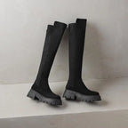 Flock Round Toe Stretch Over-the-Knee Boots with Medium Heels – Elegant, Modern, and Warm Slip-On Style for Leisure and Everyday Chic