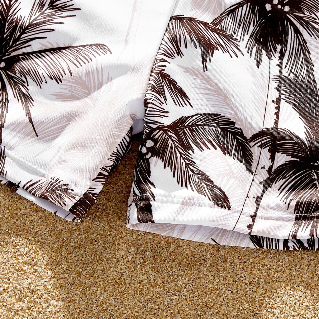 Family Matching Coconut Tree Print Swimwear  |  Ruched One-Piece Swimsuit & Swim Trunks Beach Set