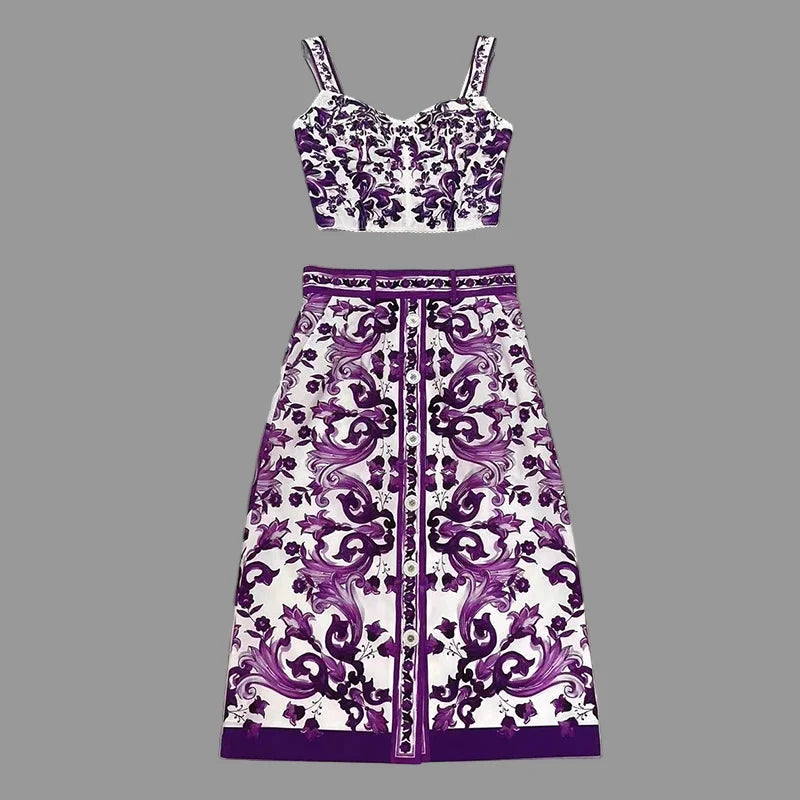 Elegant Women's Silk Top & Printed Cotton Skirt Set – 2-Piece Turn-Down Collar Outfit