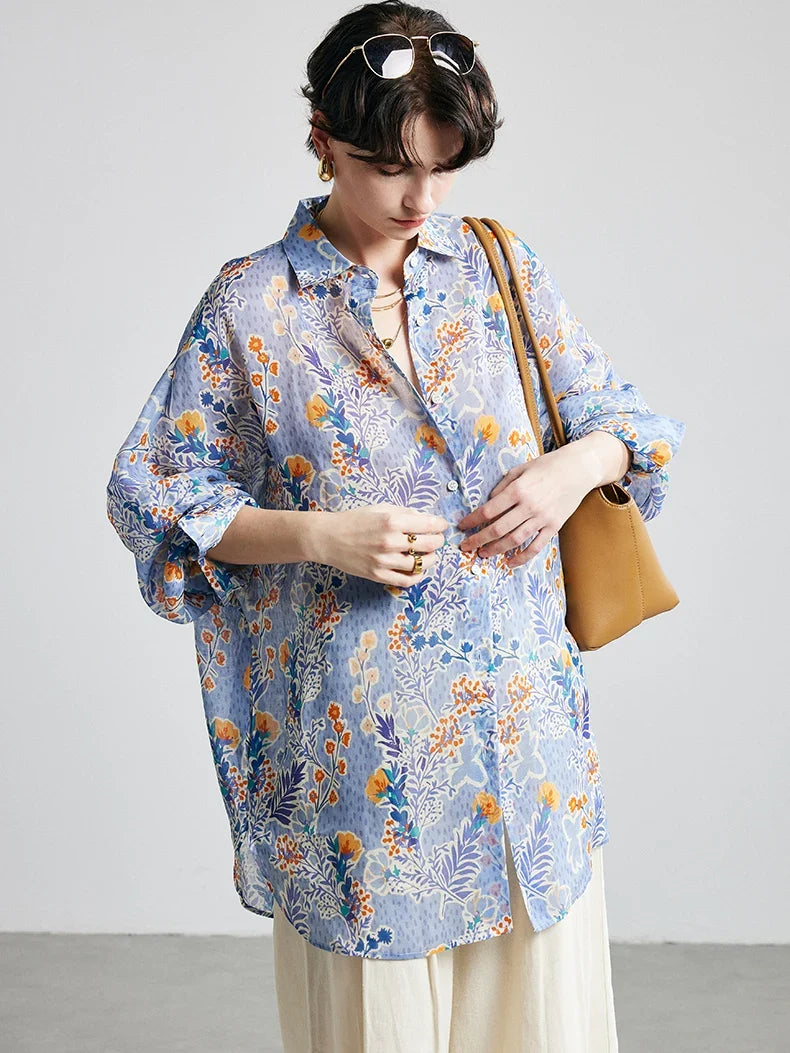 100% Ramie Floral Blouse  -  Pink Turn-Down Collar Shirt