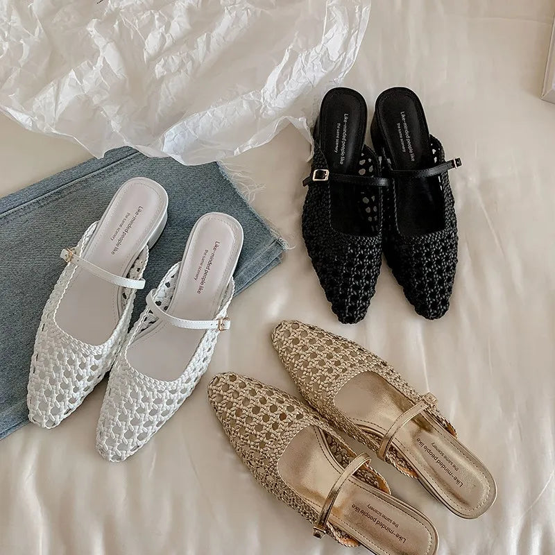 2025 Braided Slipper Women Covered Pointed Toe Buckle Up Mules Female Med Chunky Heels Daily Outdoor Breathable Slides