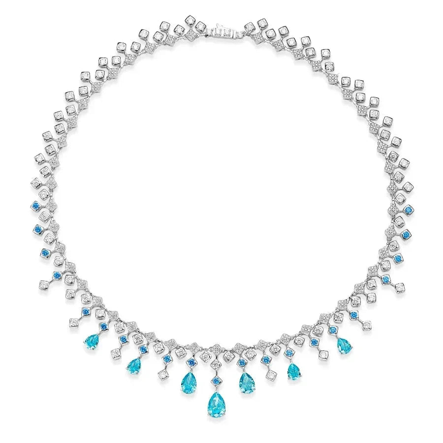 Fashion aquamarine 925 Sterling Silver Water Drop Necklace Cultivate Sapphire Blue Necklace Pendants Plated Gold Necklace