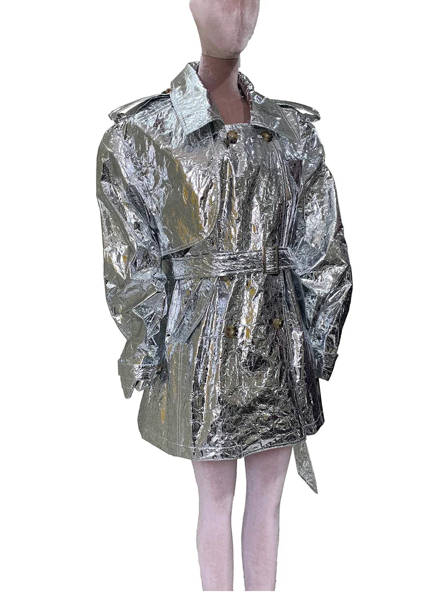 Autumn Oversized Shiny Silver Trench Coat for Women Belt Double Breasted European Fashion Emo Clothes Y2K Streetwear