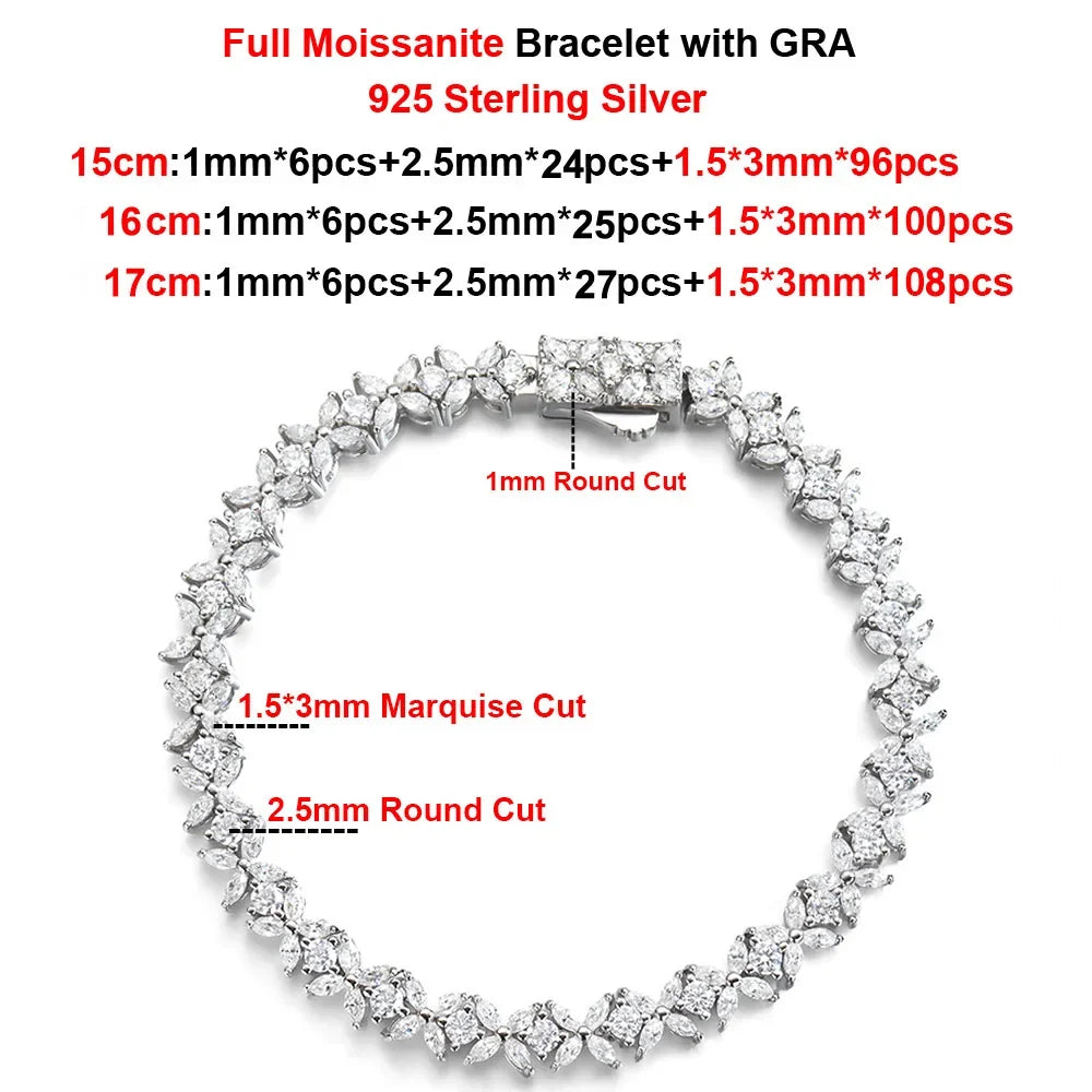 Four Petal Flower Marquise Round Cut Moissanite Diamond Tennis Bracelet for Women 925 Sterling Silver Wedding Fine Jewelry GRA