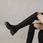 Flock Round Toe Stretch Over-the-Knee Boots with Medium Heels – Elegant, Modern, and Warm Slip-On Style for Leisure and Everyday Chic