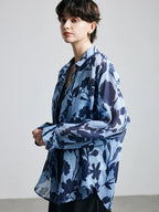 100% Ramie Floral Blouse  -  Women's Printed Shirt with Turn-Down Collar