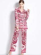 Autumn Women’s Porcelain Print Pantsuit – Red, Blue & White Notched Blouse with Belt + Wide-Leg Trousers Set