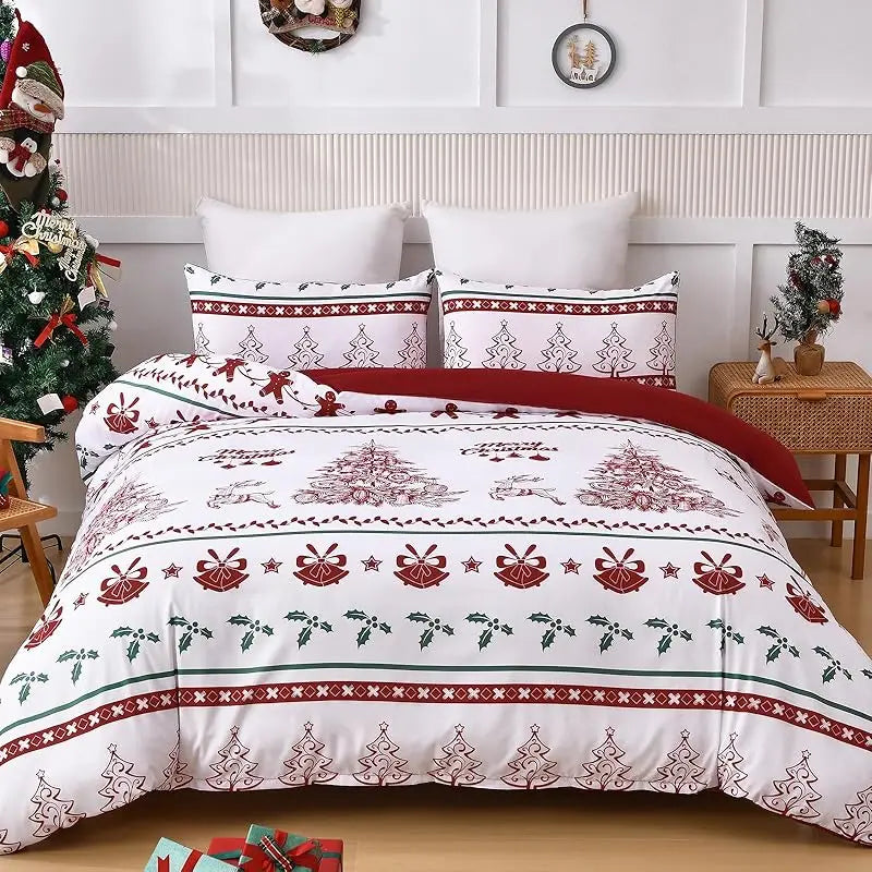 Christmas Tree & Deer Bedding Set – 3-Piece Ultra-Fine Microfiber Duvet Cover with 2 Pillowcases