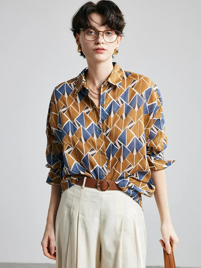100% Ramie Printed Blouse  -  Women's Turn-Down Collar Shirt in Blue, Green, or Yellow