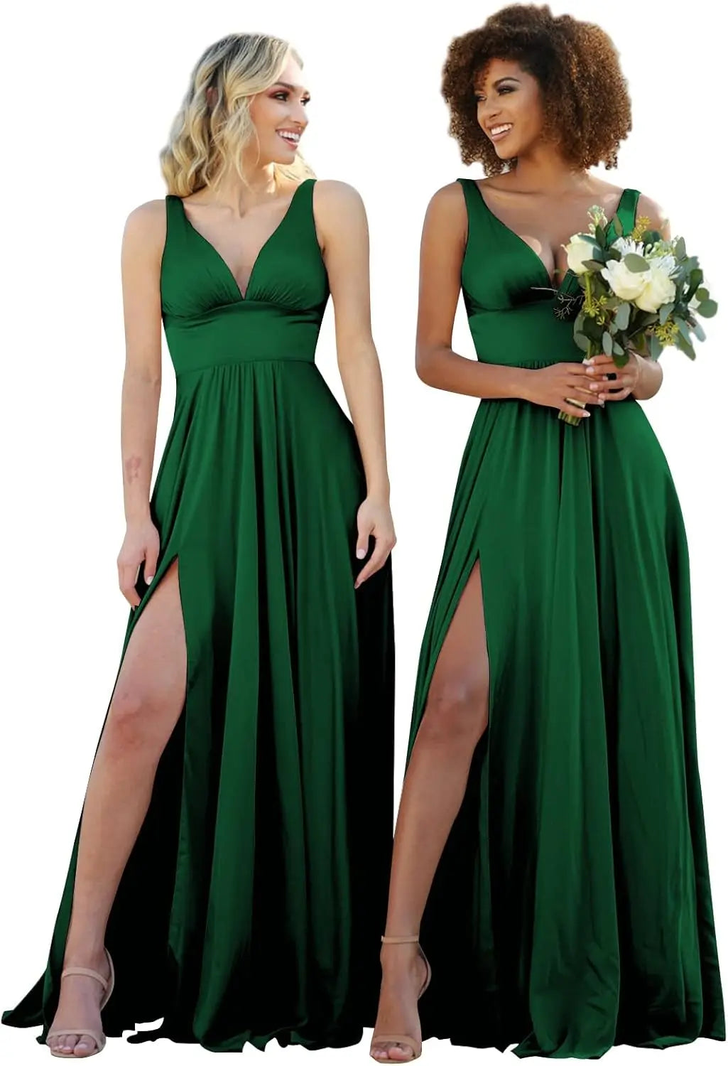 Champagne Gold Bridesmaid Dress – Elegant V-Neck Satin Chiffon Gown for Wedding, Prom & Formal Events
