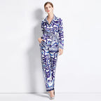 Autumn Women’s Porcelain Print Pantsuit – Red, Blue & White Notched Blouse with Belt + Wide-Leg Trousers Set