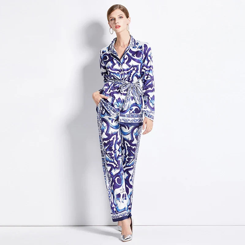Autumn Women’s Porcelain Print Pantsuit – Red, Blue & White Notched Blouse with Belt + Wide-Leg Trousers Set