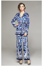 Gizelle High Street Runway Floral Print Notched Collar Blouse & Wide Leg Pants Fashion 2 Pieces Sets Women Chic Designer Outfits