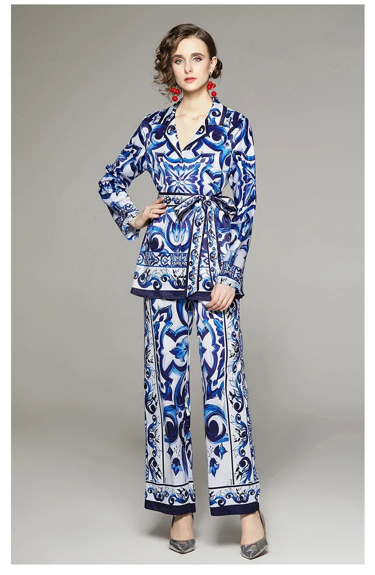 Gizelle High Street Runway Floral Print Notched Collar Blouse & Wide Leg Pants Fashion 2 Pieces Sets Women Chic Designer Outfits