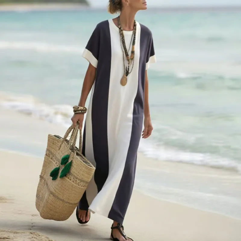 Elegant Retro Contrast Color Boho Maxi Dress – O-Neck, Short Sleeve, Loose Fit, Side Slit Long Dress for Women, Spring/Summer Vacation Style