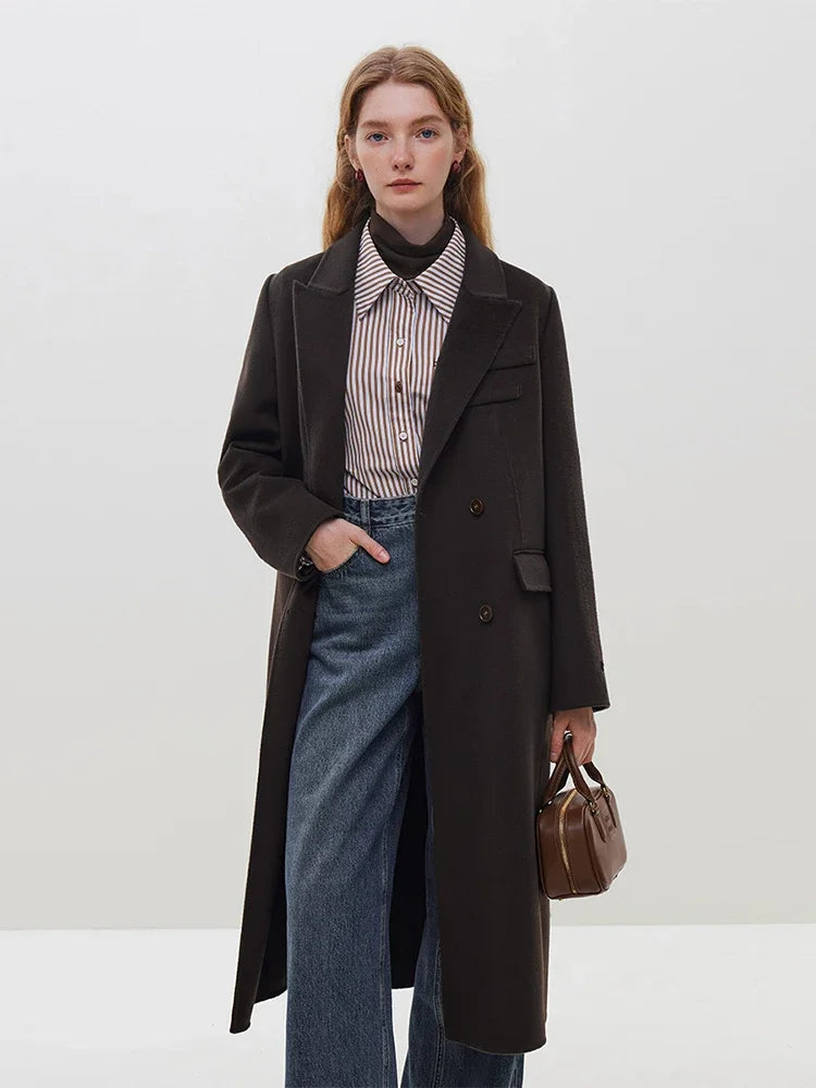 100% Wool Long Coffee Woolen Peacoat