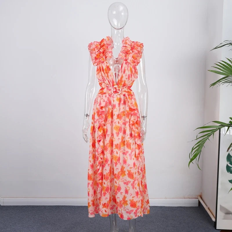 2025 New Women's Print Ruffle Hollow-Out Maxi Dress  -  Backless, Sleeveless, Lace-Up High Waist Split Beach Dress