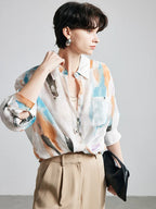 100% Ramie Floral Blouse  -  Women's Printed Shirt with Turn-Down Collar