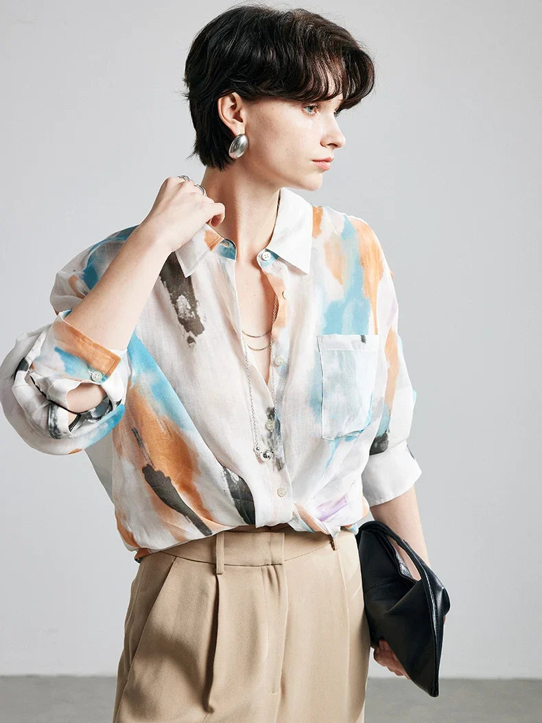 100% Ramie Floral Blouse  -  Women's Printed Shirt with Turn-Down Collar