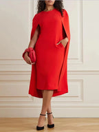 Chic Red O-Neck Evening Dress with Cape Sleeves