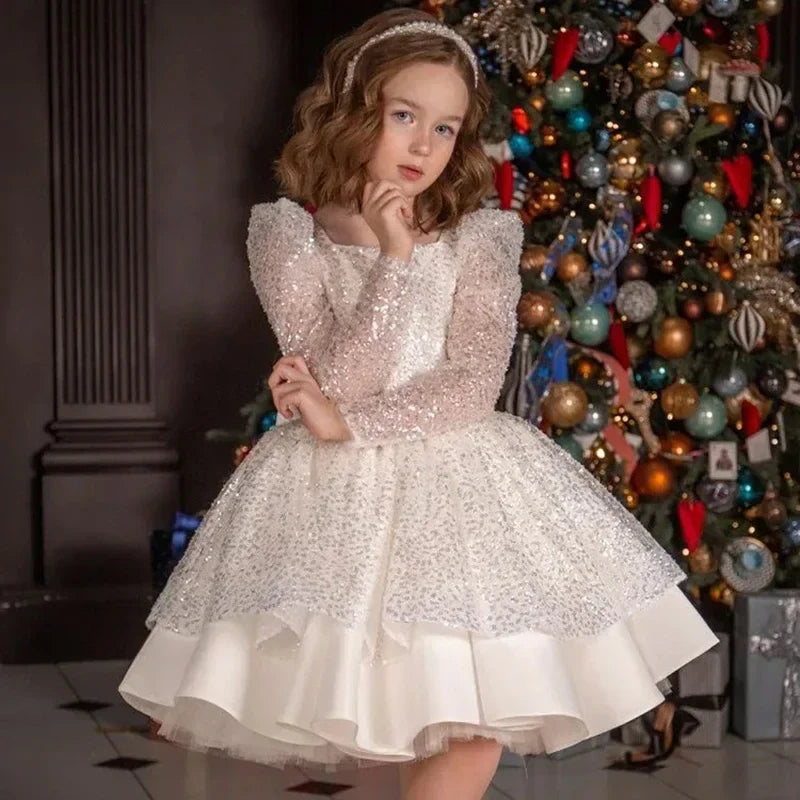 Girls Dress Sequin Mesh Long-sleeved Birthday Party  Outfit Matching BabyProm New children's Clothes Opening Ceremony