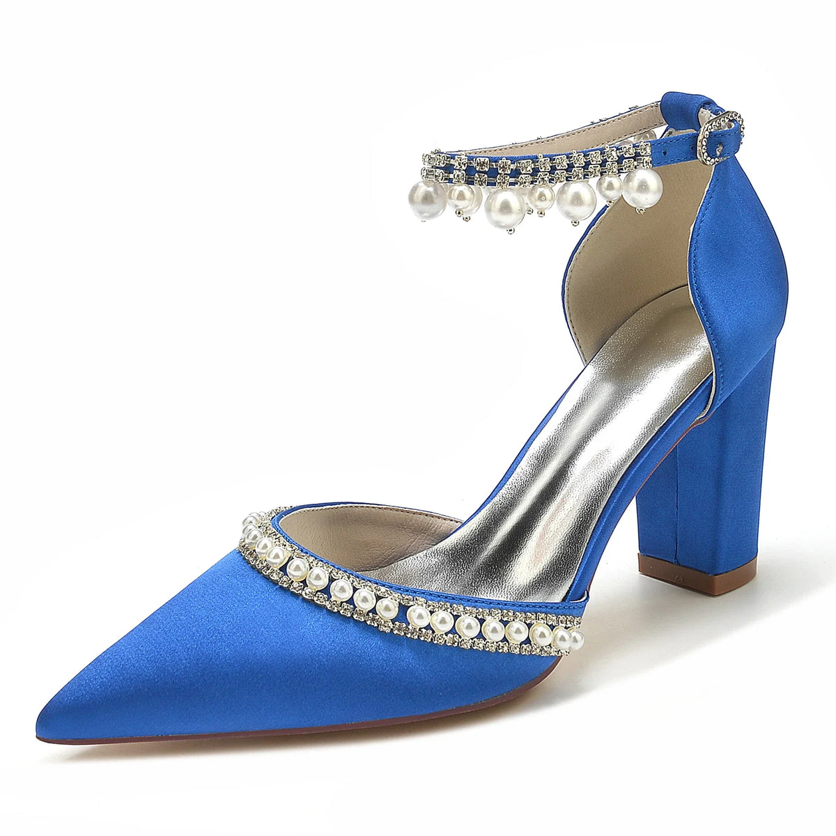 Elegant Satin Evening Pumps with Thick Block Heel, Pearls & Ankle Strap  -  Bridal, Prom, Party Shoes