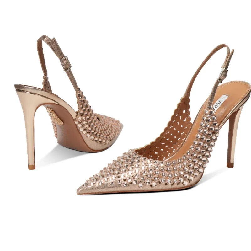 Diamond high heels for women in2025with a single button back strap,sexy wedding shoes for brides,slim heels,pointed toe sandals