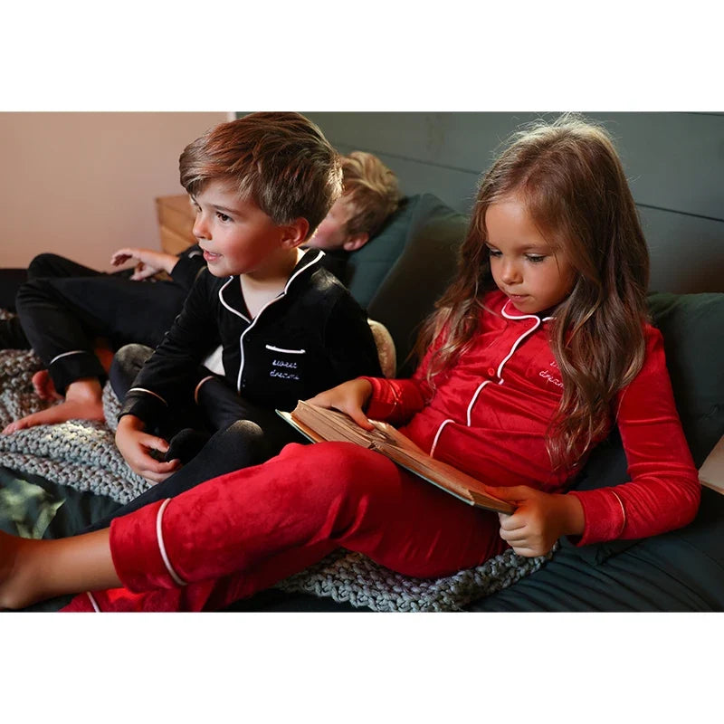Ali Plus AW25 Grandfather Pjs Black And Red Ribbed Velour Brother And Sister Matches Clothing