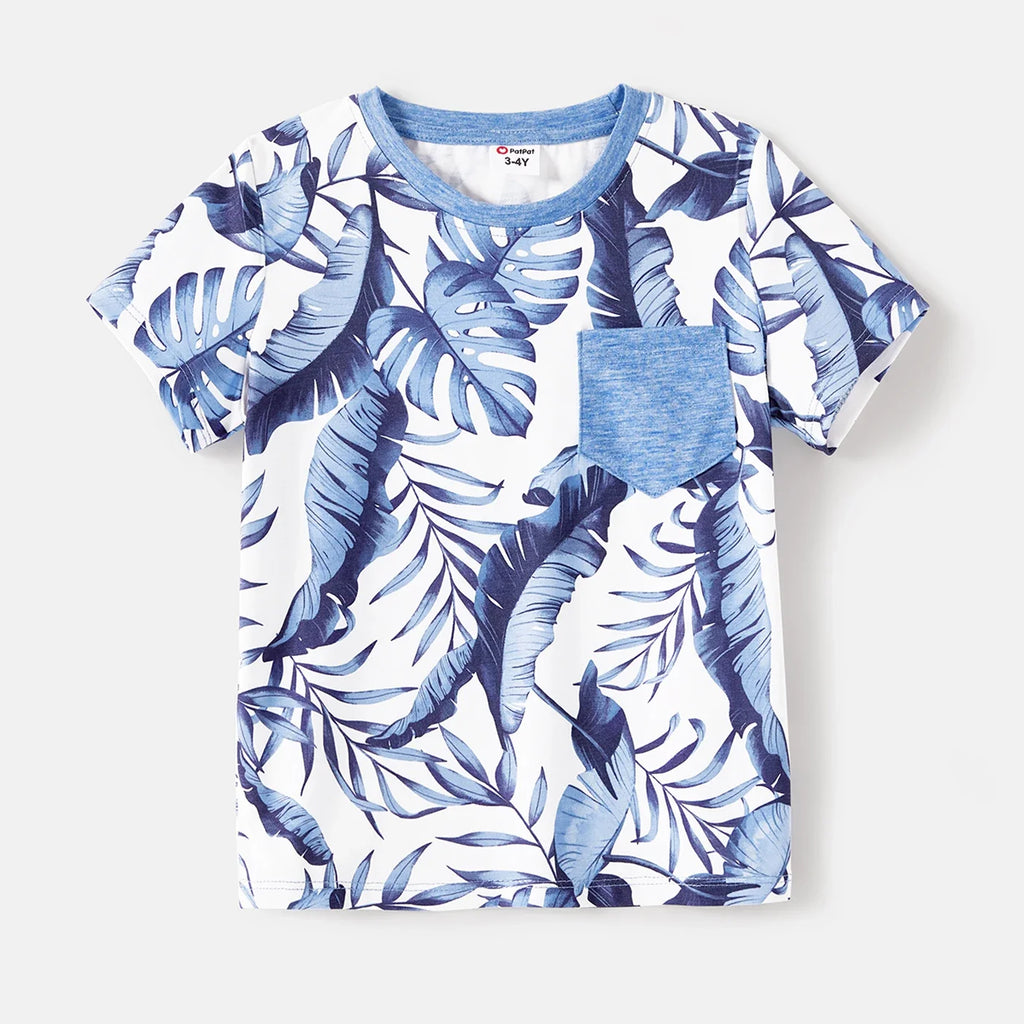 Family Matching Outfits Naia Blue Floral Tee Button Ruffle Hem Strap Dress
