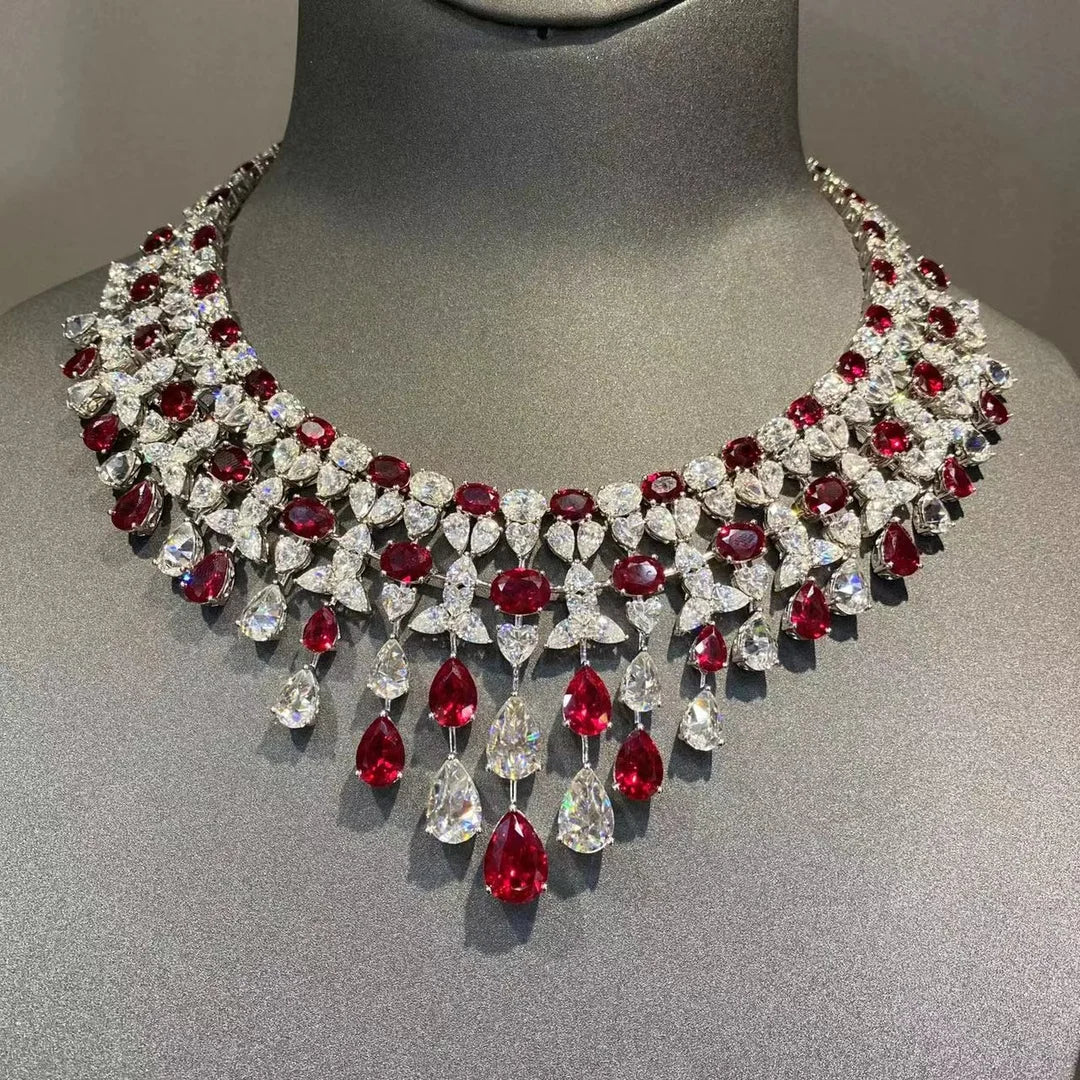 925 Sterling Silver Luxury Elegant Waterdrop Synthetic Ruby and Diamond Gemstone Necklace Wedding & Party Jewelry for Women