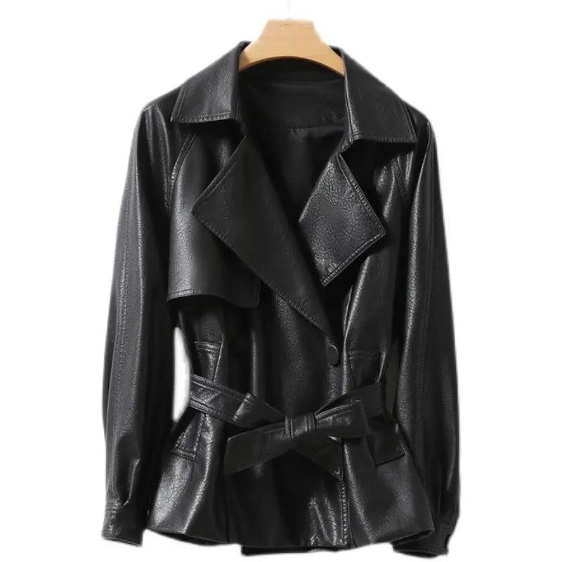 Fashionable Genuine Leather Jacket for Women Waist-Tied Loose Fit Black or Brown  |  Casual Luxury Outerwear