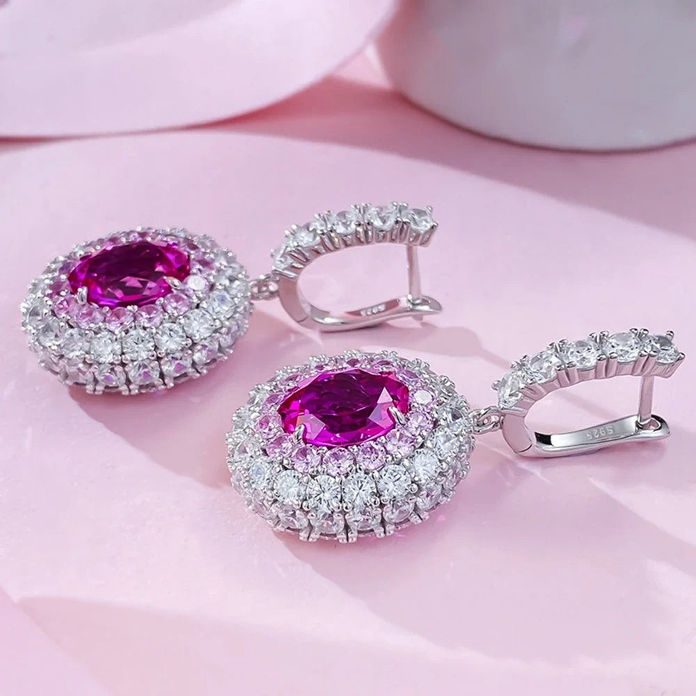 100% 925 Sterling Silver  8-M Oval Lab Sapphire Drop Earrings High Carbon Diamond Accents | Sparkling Fine Jewelry for Women