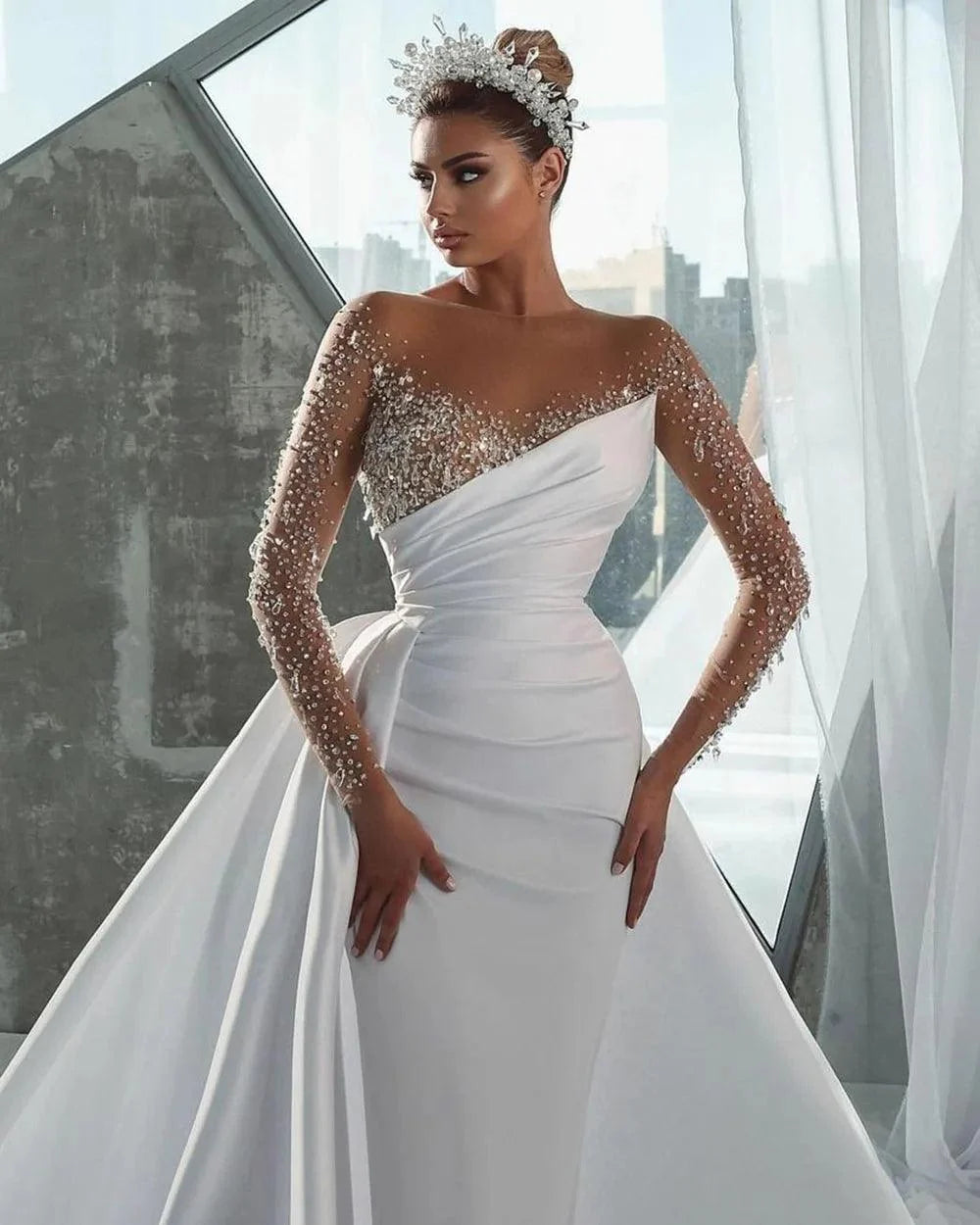 Mermaid Wedding Dress – Illusion Neckline, Beaded Long Sleeves & Detachable Overskirt, Custom Made