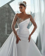 Mermaid Wedding Dress – Illusion Neckline, Beaded Long Sleeves & Detachable Overskirt, Custom Made