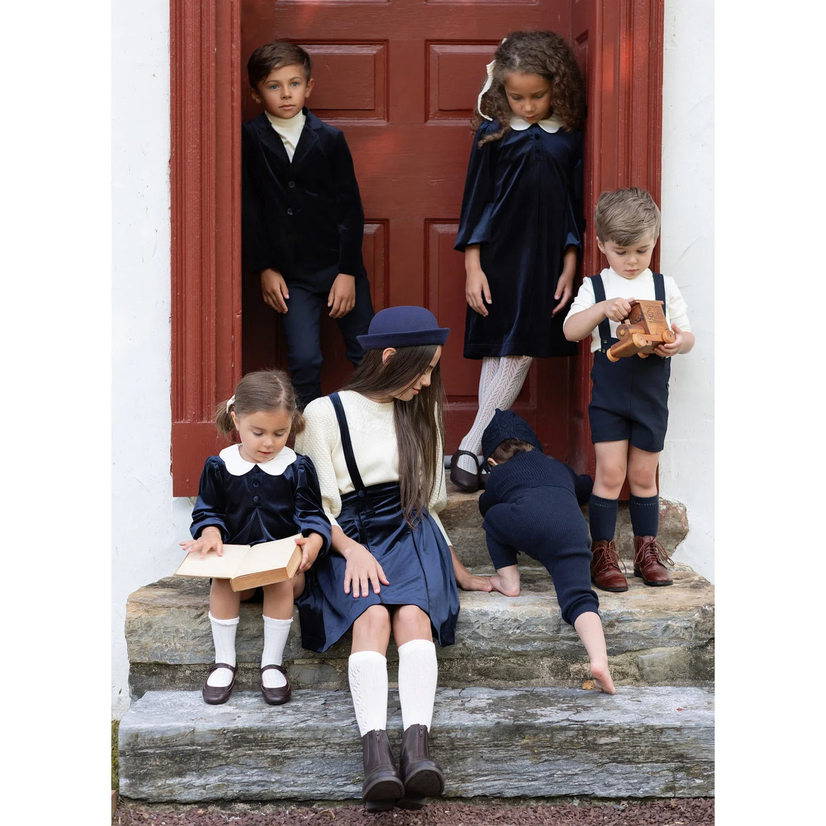 Family Matching Outfits with Girls' Velvet Dress, Baby Set, Floral Sweater & Boys' Overalls
