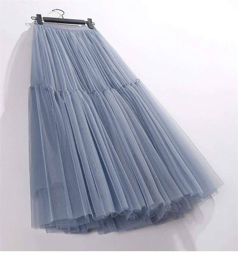 Elegant High Waist Tulle Skirt – Solid Color A-Line Mesh Tutu Skirt for Women