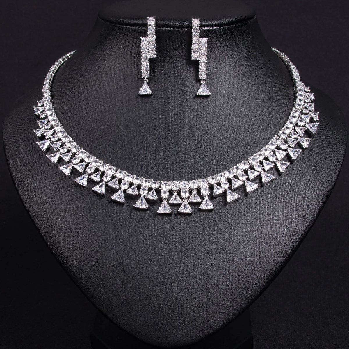 Geometric Triangle Zircon Jewelry Set for Women  Shiny Necklace & Earrings for Dubai Bridal Wedding or Party Gift